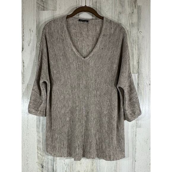 Eileen Fisher Linen Sweater Size XS Tan Khaki Boxy Oversized V-neck 3/4 Sleeve - Picture 1 of 7